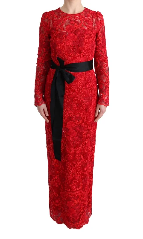 Dolce & Gabbana  Red Lace Long Sleeve Dress