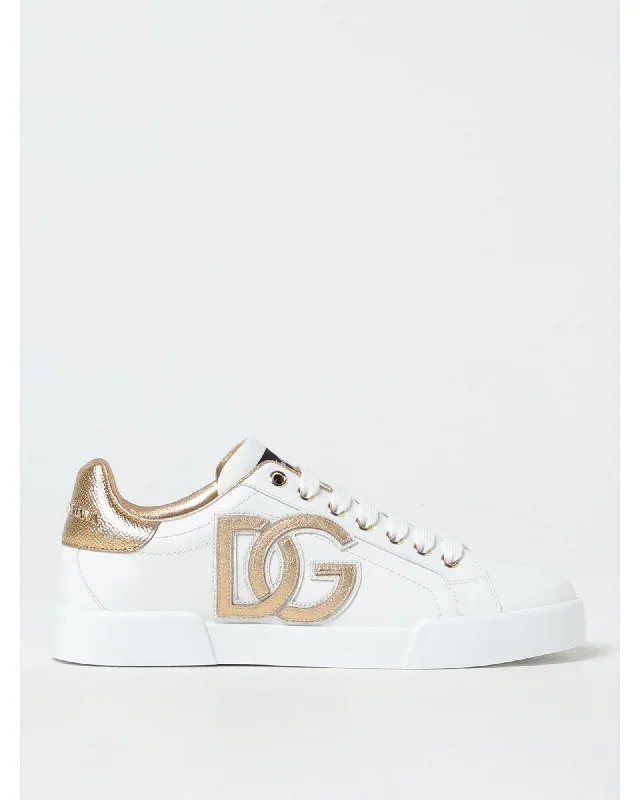 Dolce & Gabbana Leather Sneakers Gold Logo Women White