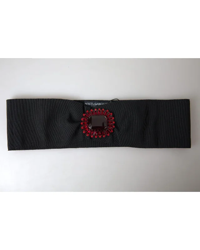 Dolce & Gabbana  Black Velvet Bow Belt with Red Crystal Embellishment