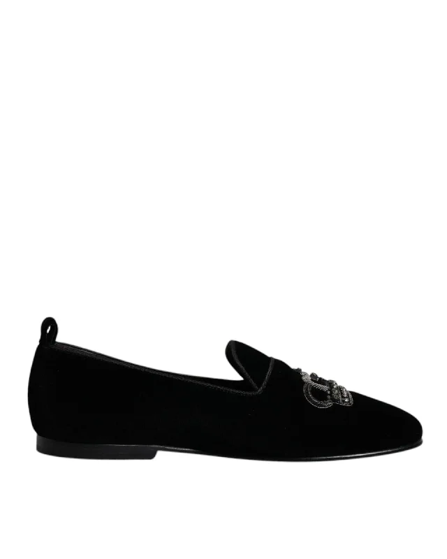 Dolce & Gabbana Velvet Loafers Skull Detail Men Black