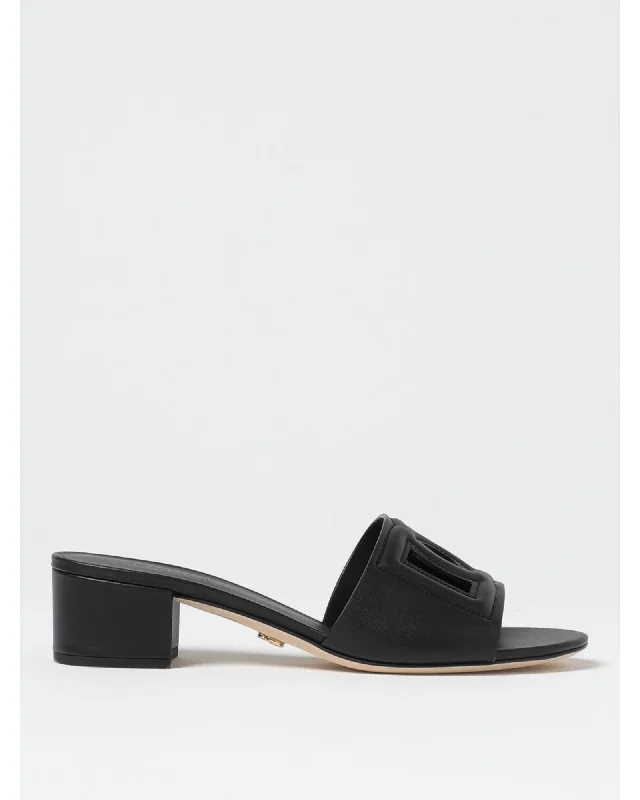 Dolce & Gabbana DG Logo Leather Slide Sandals Women Black Heels