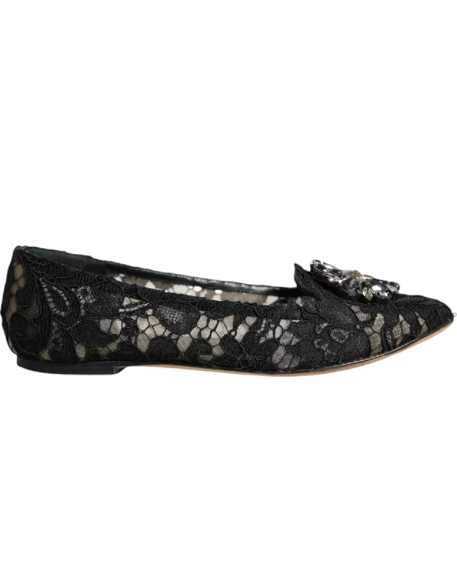Dolce & Gabbana Lace Flats with Jewel Detail Women Black Flat Shoes