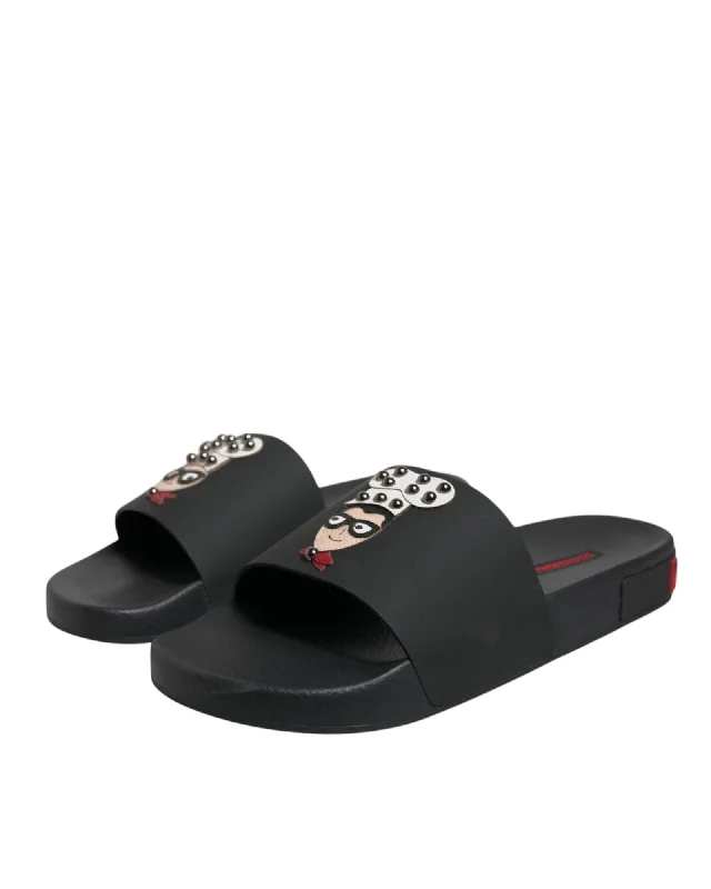 Dolce & Gabbana Pool Slides Cartoon Print Style Men Black Sandals