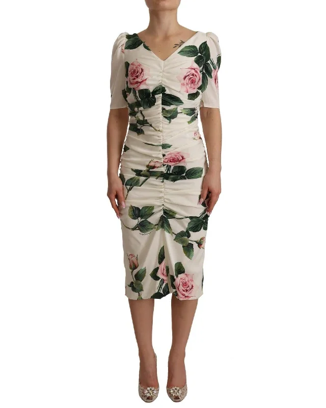Dolce & Gabbana  Rose Print Silk Dress Womens White Floral Midi Dress Designer V-Neck Ruched Dress