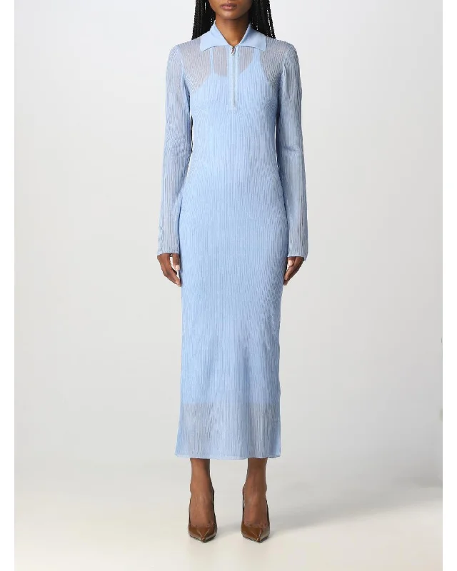 Fendi Ribbed Knit Midi Dress with Zipper Women Sky Blue Dresses