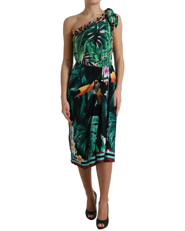 Dolce & Gabbana  One-Shoulder Tropical Print Silk Dress
