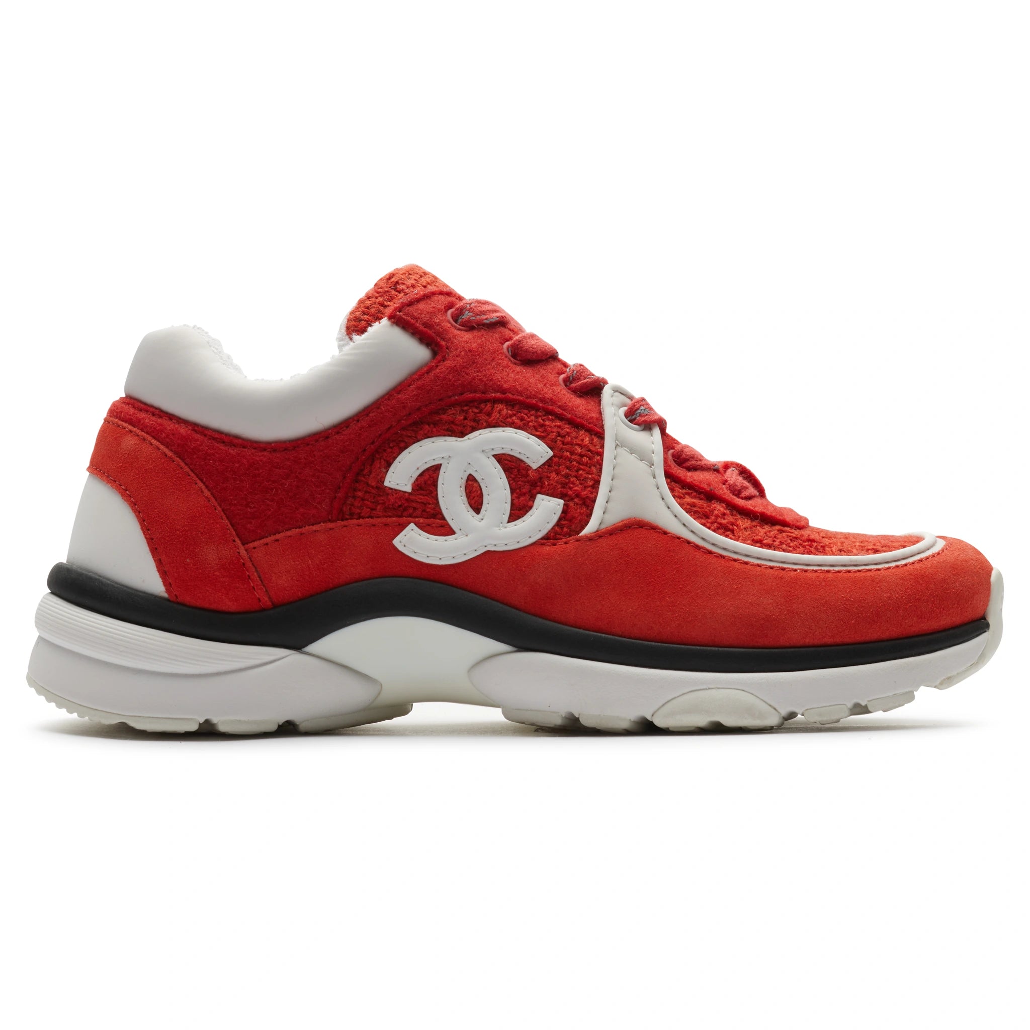 Chanel CC Logo Suede Red Tweed Sneaker - Preloved