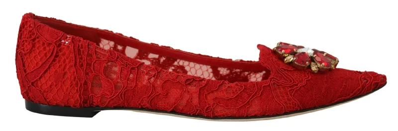 Dolce & Gabbana  Red Lace Ballerina Flats with Crystal Embellishment
