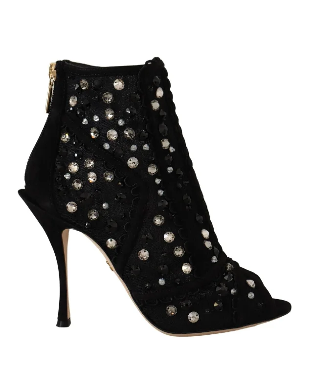 Dolce & Gabbana  Black Crystal Embellished Peep Toe Ankle Boots