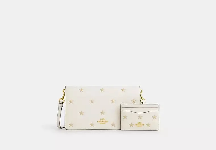 Coach Boxed Anna Foldover Clutch Crossbody Bag And Card Case Set With Star Print Chalk 