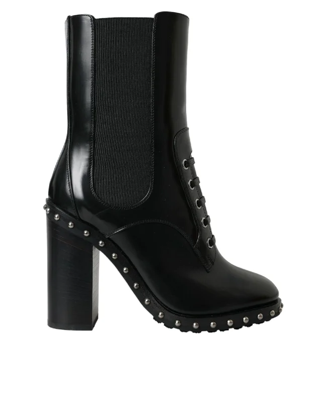 Dolce & Gabbana  Women's Black Leather Lace-Up Ankle Boots with Studs