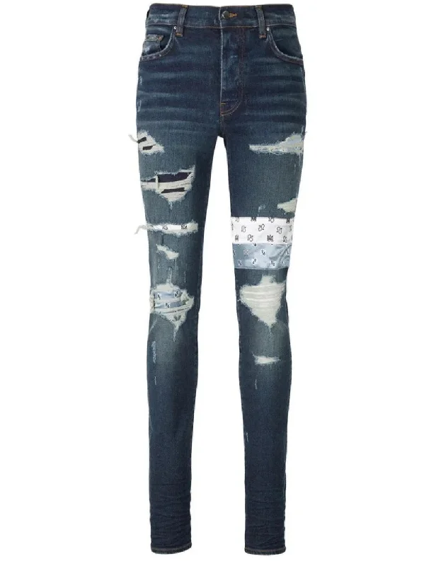 Amiri Paisley MA Art Patch Ripped Straight Legged Blue Jeans