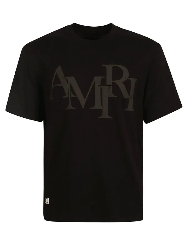 Amiri Black Staggered Logo Print T-Shirt in Black