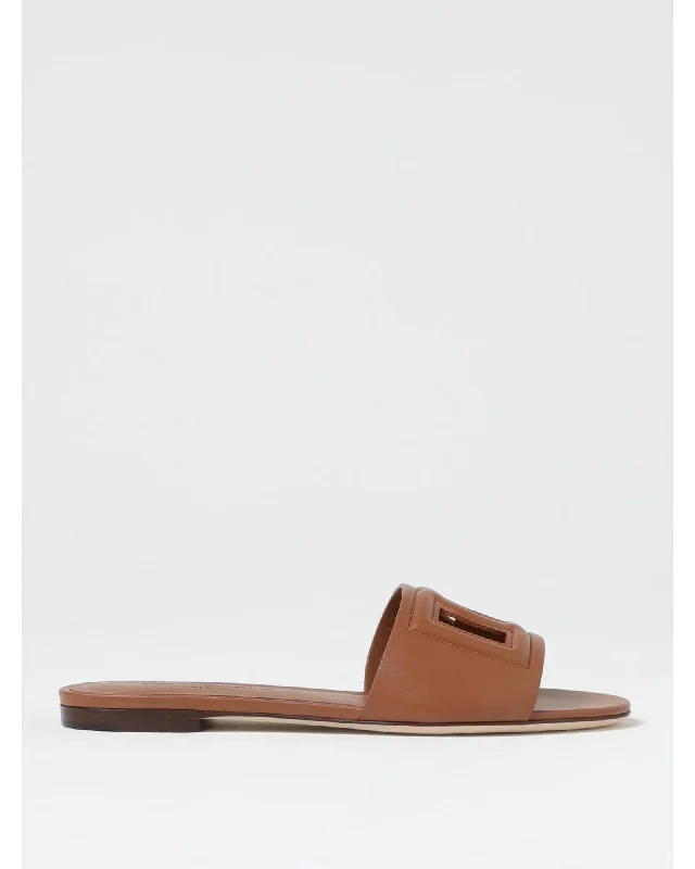 Dolce & Gabbana Cutout Leather Slides Casual Flat Sandals Women Brown