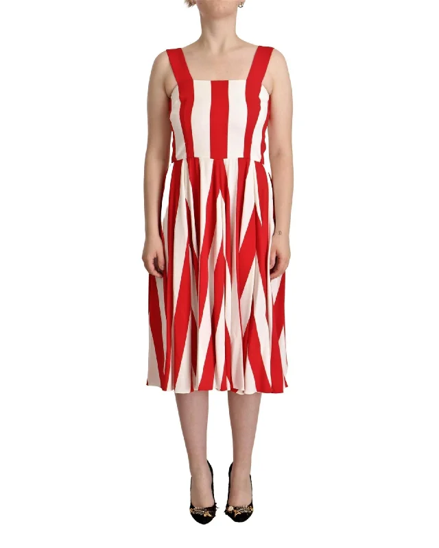 Dolce & Gabbana  Red and White Striped Midi Dress     Women's Red and White Striped Silk Dress     Sleeveless Square Neck Midi Dress in Red and White     Striped Midi Dress - Red White