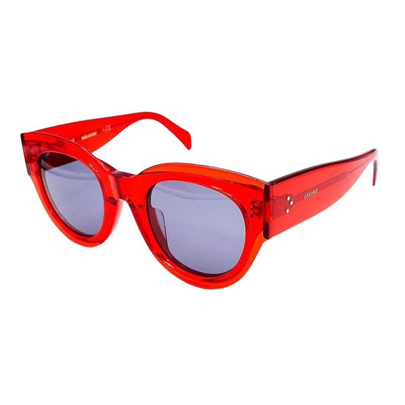 Celine Round Full Rim, with a Transparent Red frame and Blue lens.