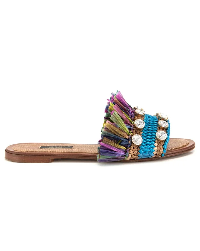 Dolce & Gabbana Raffia Sandals Rhinestone Tassels Women Multicolor