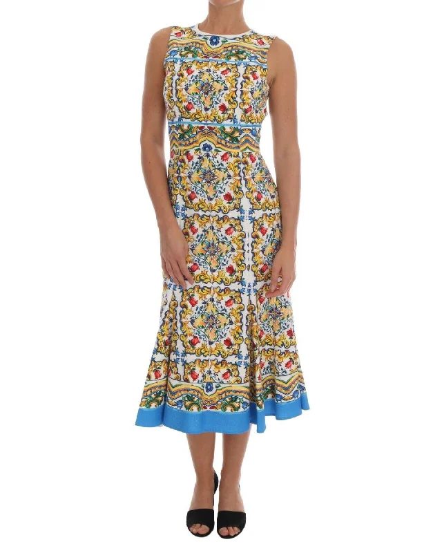Dolce & Gabbana  Floral Print Midi Dress  Women's  Floral Midi Dress   White Floral Midi Dress