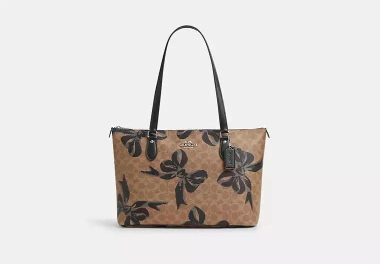 Coach Gallery Tote Bag In Signature Canvas With Bow Print Black 