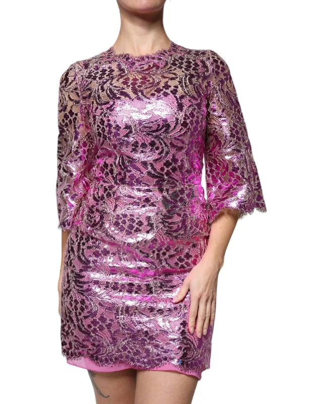 Dolce & Gabbana Metallic Lace Mini Dress Floral Embroidered