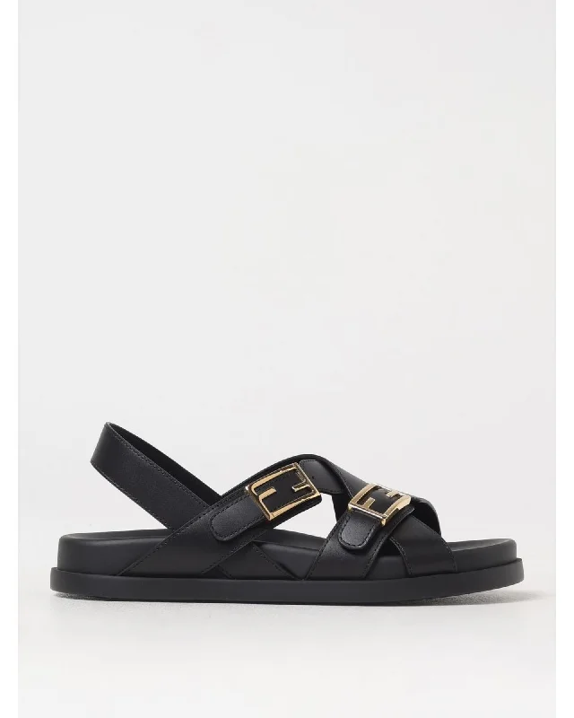 Fendi Leather Sandals CrossStrap Design Women Black
