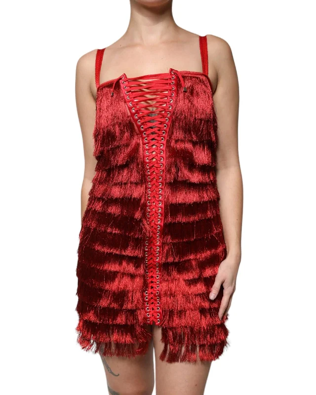 Dolce & Gabbana Fringed Mini Dress Red LaceUp