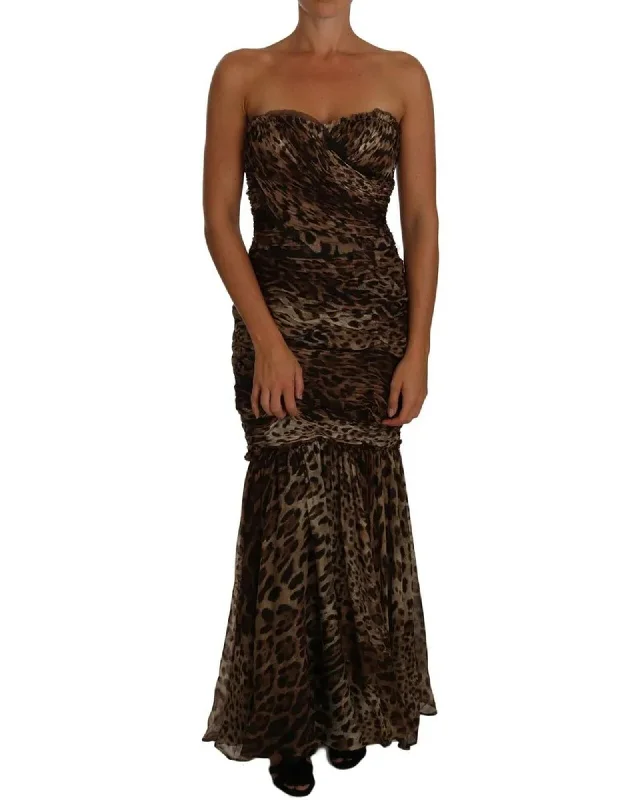 Dolce & Gabbana Leopard Print Ruched Silk Chiffon Maxi Dress