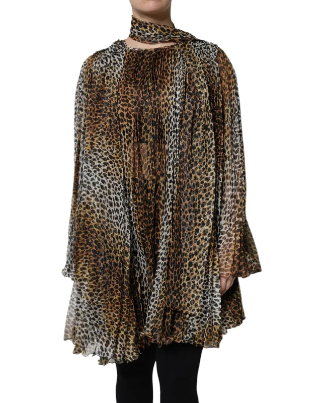 Dolce & Gabbana Leopard Print Pleated Mini Dress Women Brown Dresses
