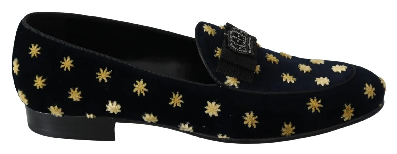 Dolce & Gabbana  Men's Embroidered Velvet Loafers with Crown Detail - Blue