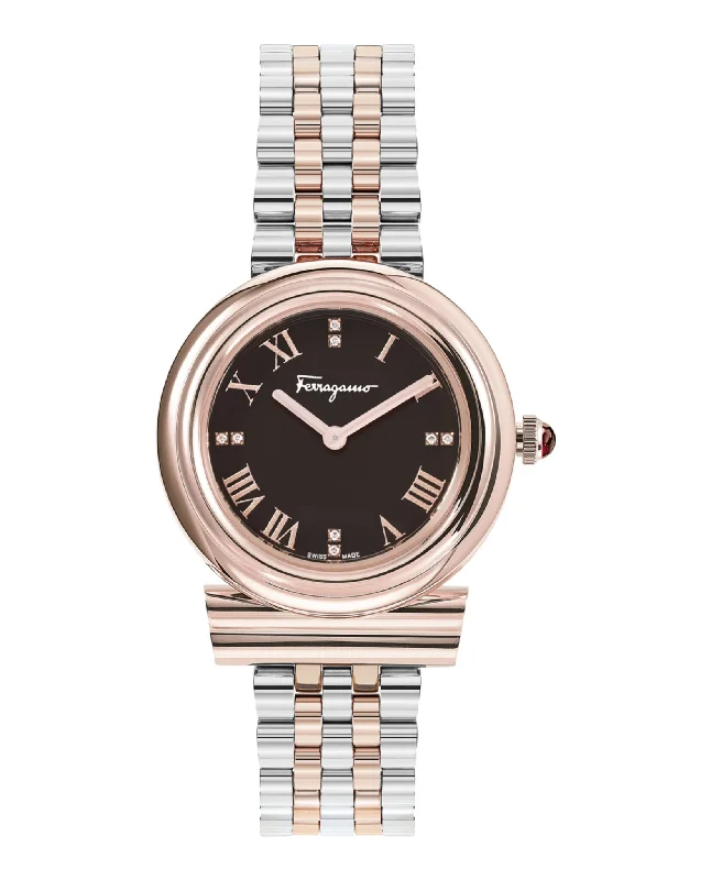 Ferragamo Womens Gancini Two Tone 28mm Bracelet Fashion Watch