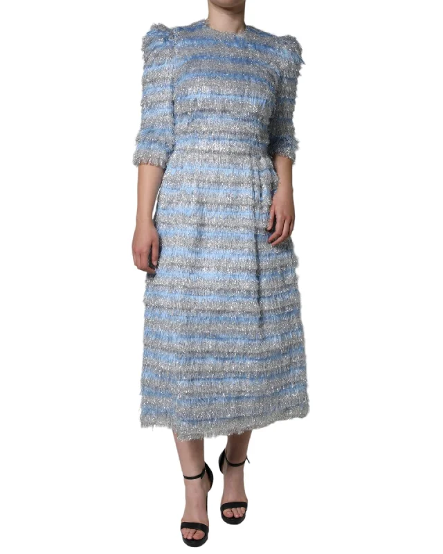 Dolce & Gabbana  Fringed Stripe Midi Dress in BlueSilver