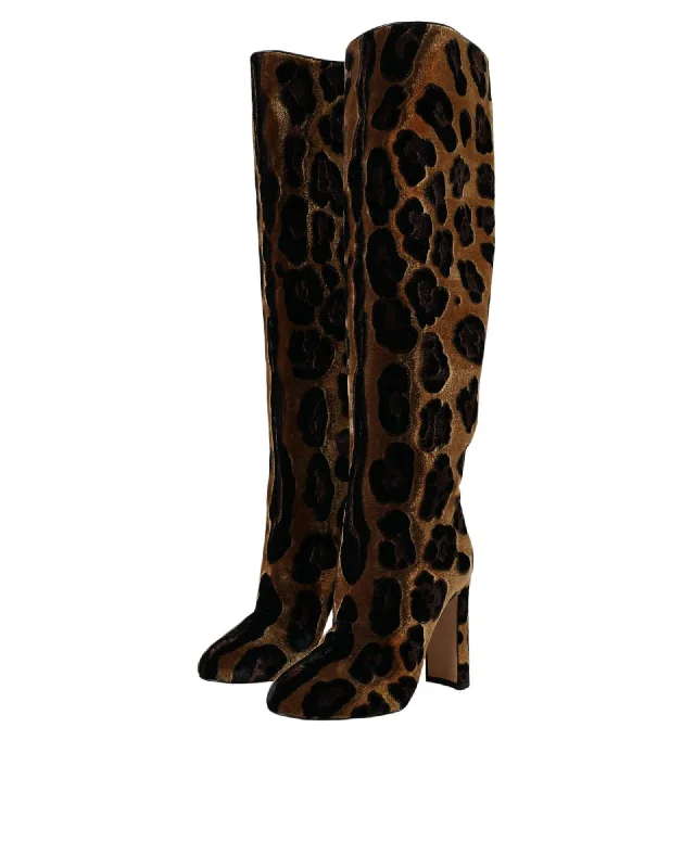 Dolce & Gabbana  Leopard Print Velvet Knee-High Boots