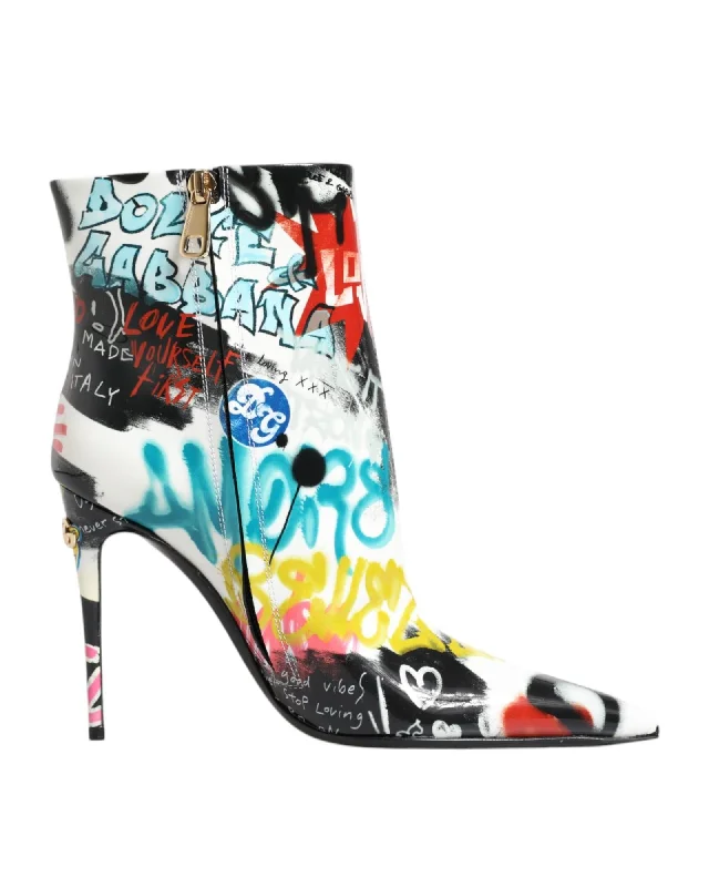 Dolce & Gabbana Graffiti Print Mid Calf Leather Boots with Side Zipper