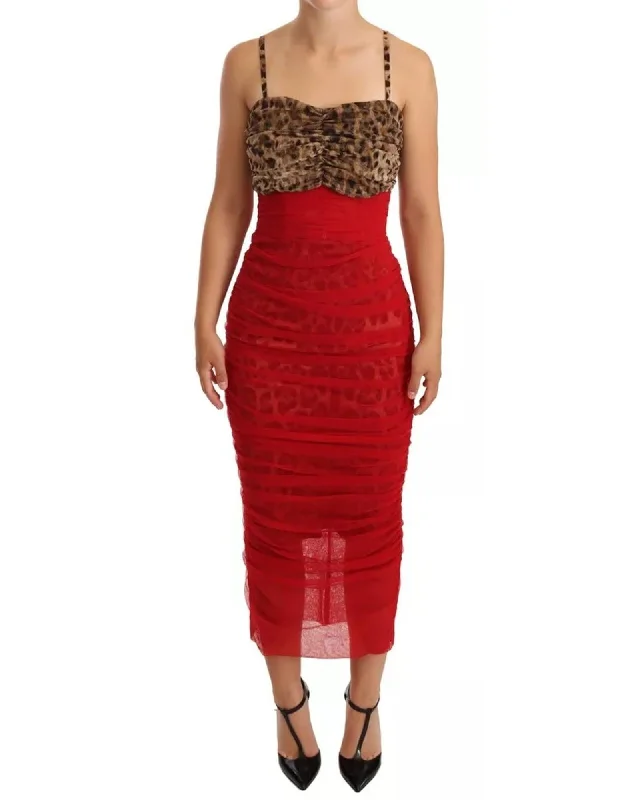 Dolce & Gabbana Leopard Print Tulle Sheath Midi Dress with Corsetry-Style Boning Women Red Dresses