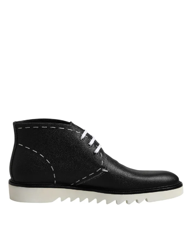 Dolce & Gabbana Leather Ankle Boot Stitch Detail Men Black And White