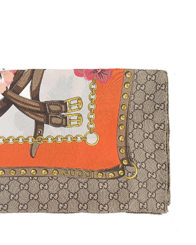 Gucci  GG Supreme Silk Scarf with Floral Print and Chain Belt Motif