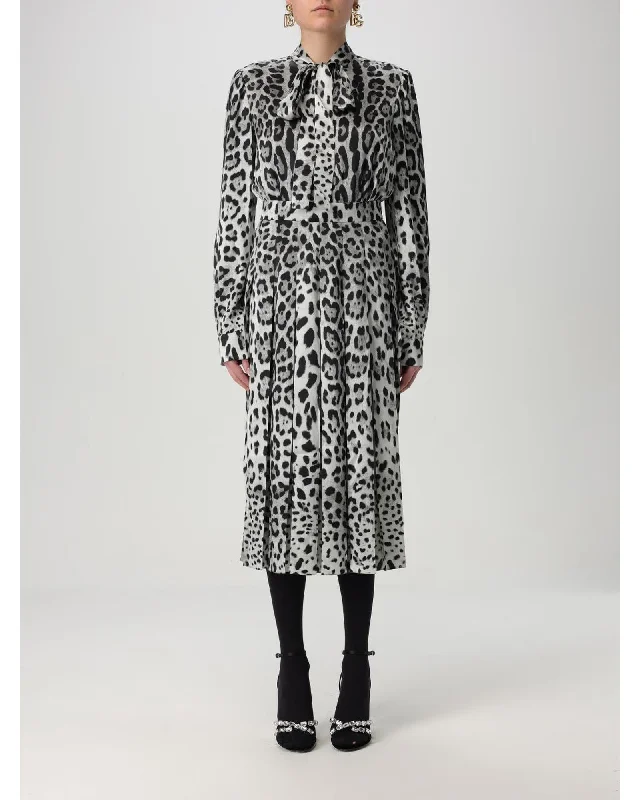 Dolce & Gabbana Leopard Print Pleated Midi Dress Women Black Dresses
