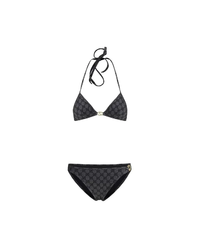 Gucci Monogram Bikini Tie Closure Women Gray Swimwear