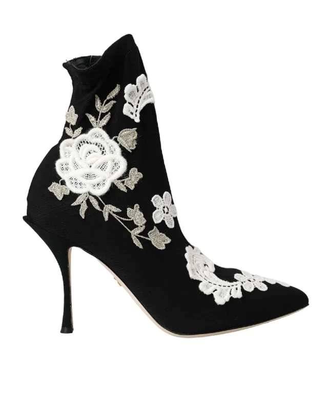 Dolce & Gabbana  Floral Ankle Boots Black