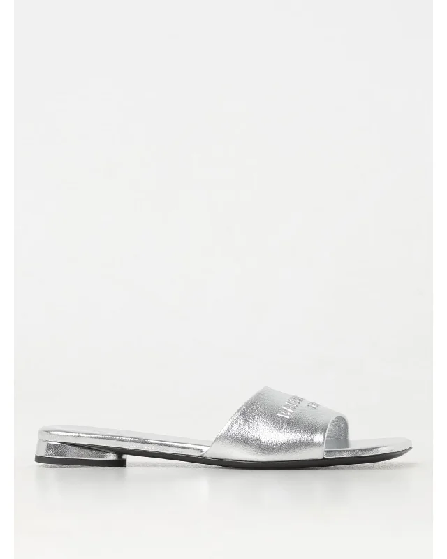 Balenciaga Logo Slides Leather Casual Sandals Women Silver