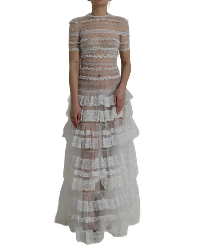 Dolce & Gabbana  White Lace and Tulle Maxi Dress
