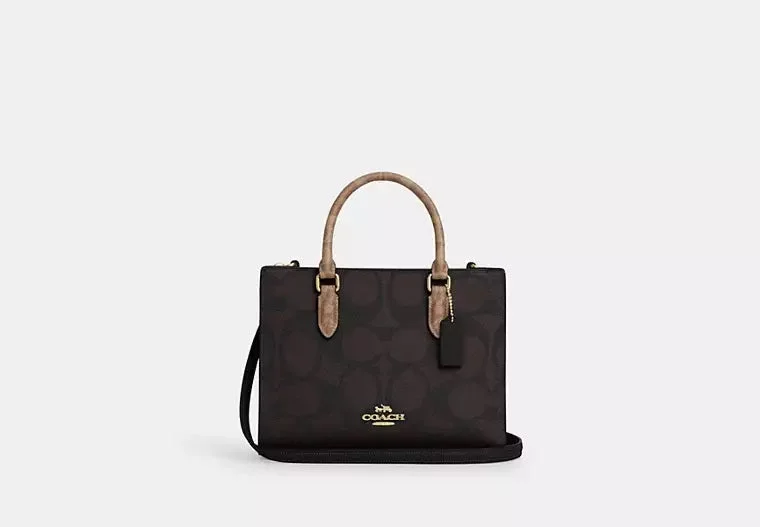 Coach Maggie Small Tote Bag In Blocked Signature Canvas Walnut Tan 