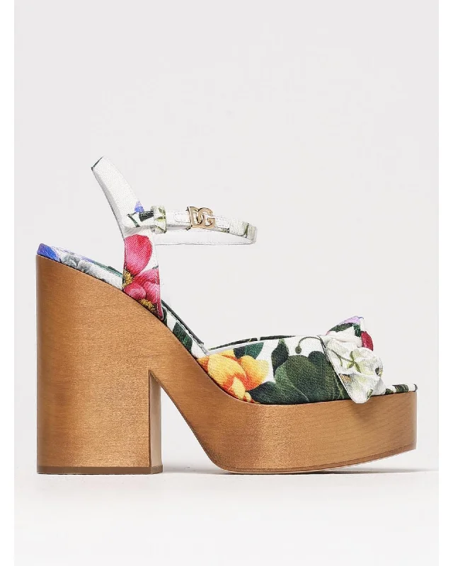 Dolce & Gabbana Floral Platform Sandals Bow Accent Women White Heels