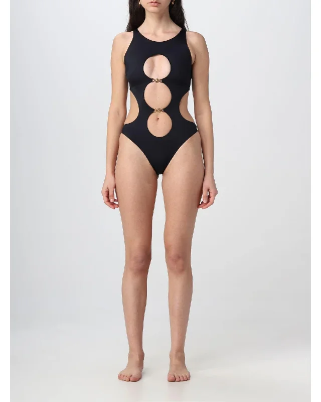 Versace Cutout OnePiece Swimsuit Metal Rings Women Black Swimwear