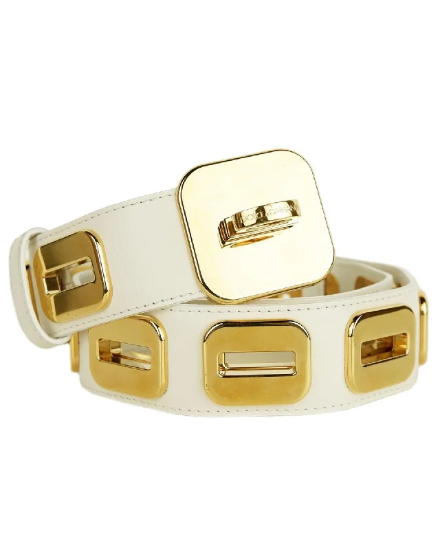 Dolce & Gabbana Leather Belt Gold Embellishments Women White