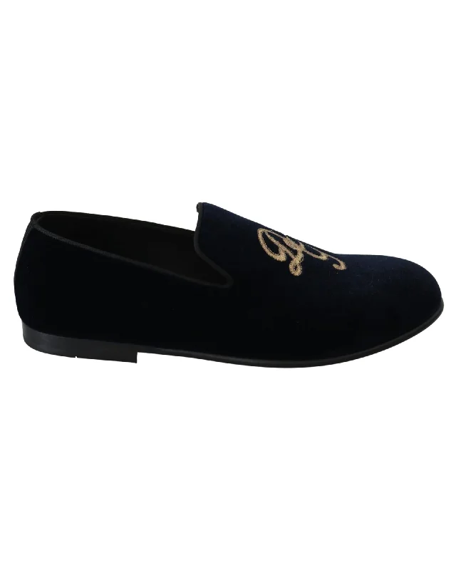 Dolce & Gabbana  Velvet Slippers with Embroidered Logo - Blue