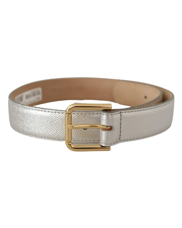 Dolce & Gabbana  Silver Leather Belt with Gold Buckle