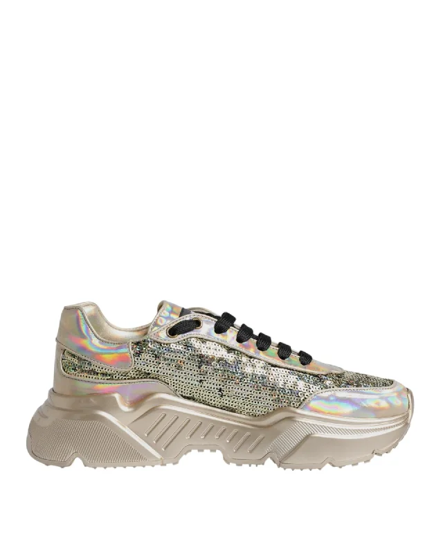 Dolce & Gabbana Sequin Iridescent Low-Top Sneakers with Rubber Sole and Lace-Up Closure