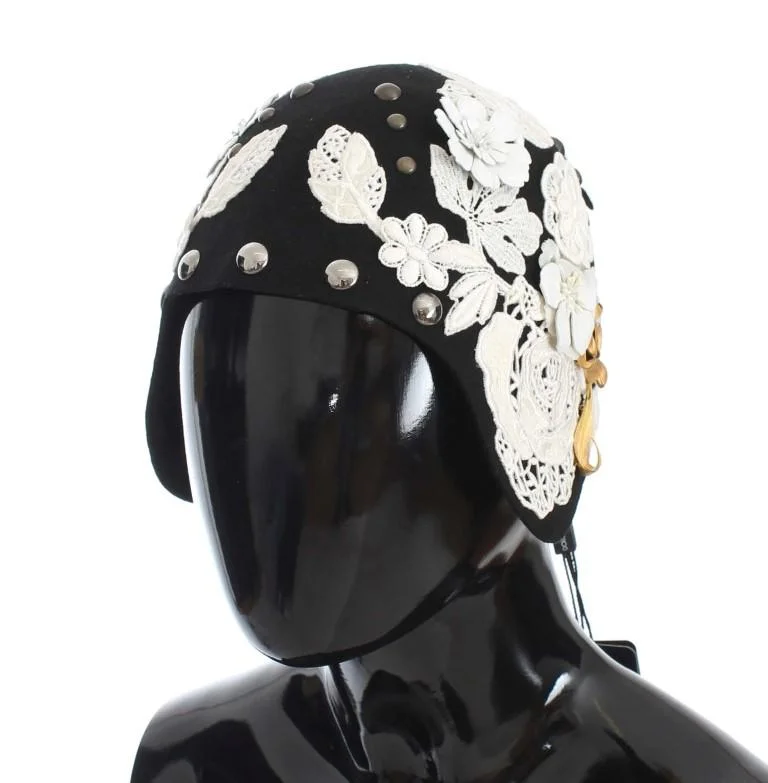 Dolce & Gabbana  Black Floral Applique Beanie