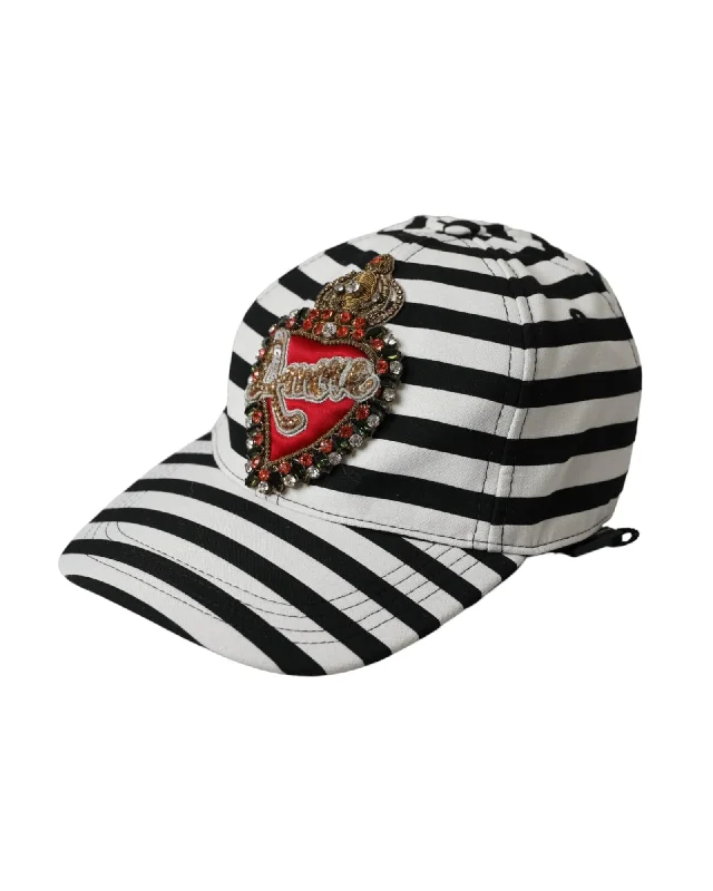 Dolce & Gabbana  Love Baseball Cap Black White Striped Crystal Embroidered